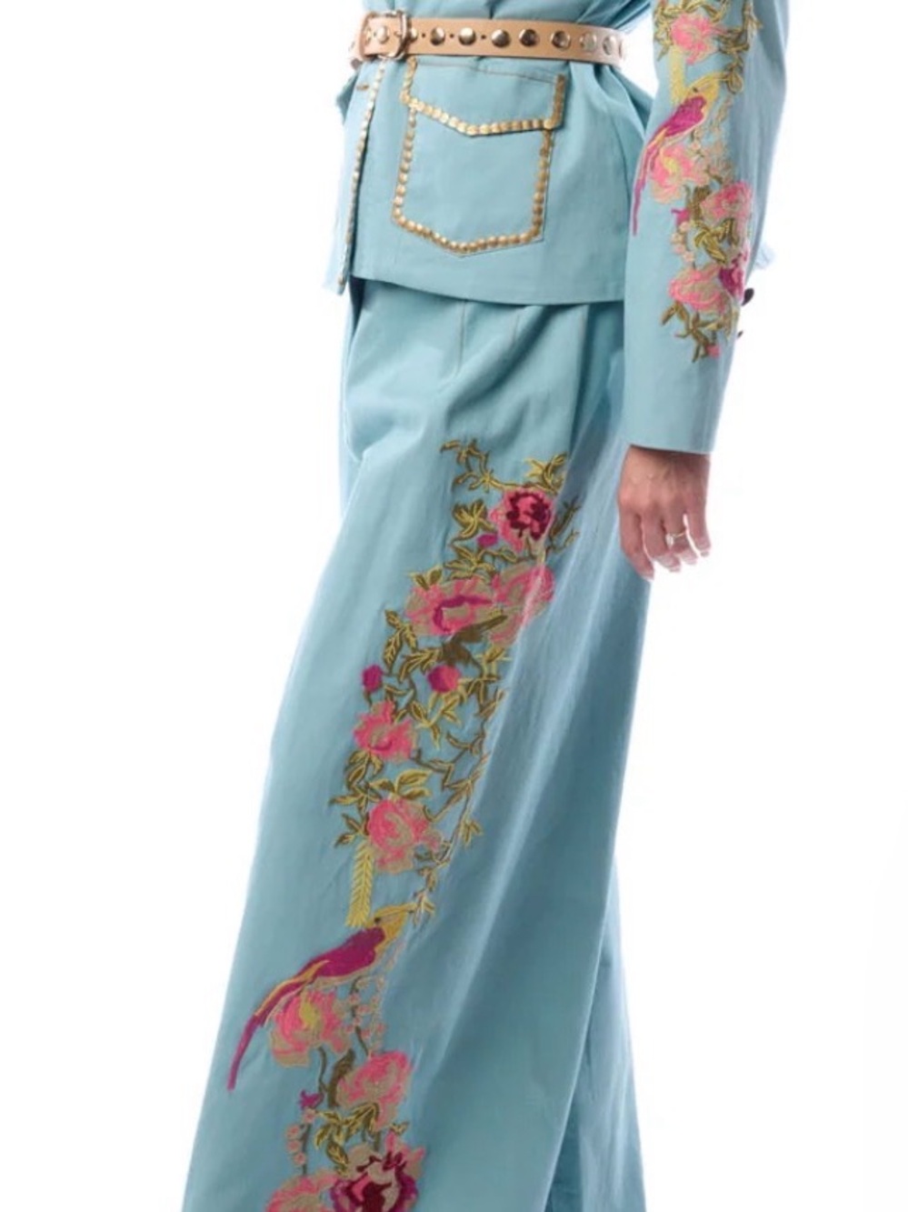 NWT aratta Embroidered Floral Wide Leg Trousers in Light Blue